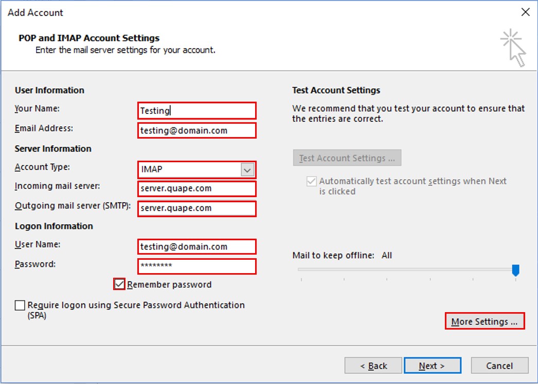 outlook add account settings