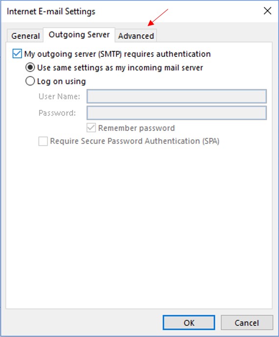 outlook internet email setting arrow 2