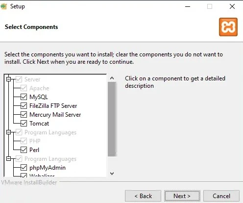 select component to setup xampp for localhost