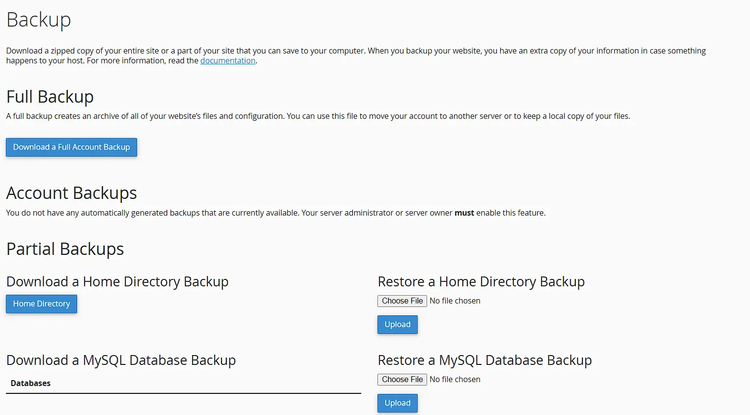 backup and restore interface at cpanel