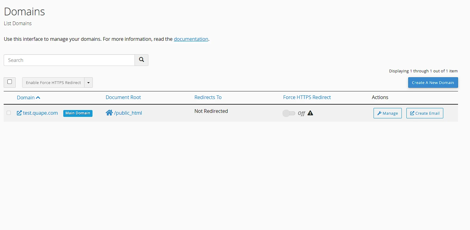 domain management interface in cpanel