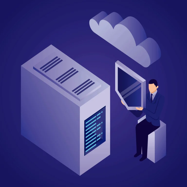 A man sit in windows vps with background color purple