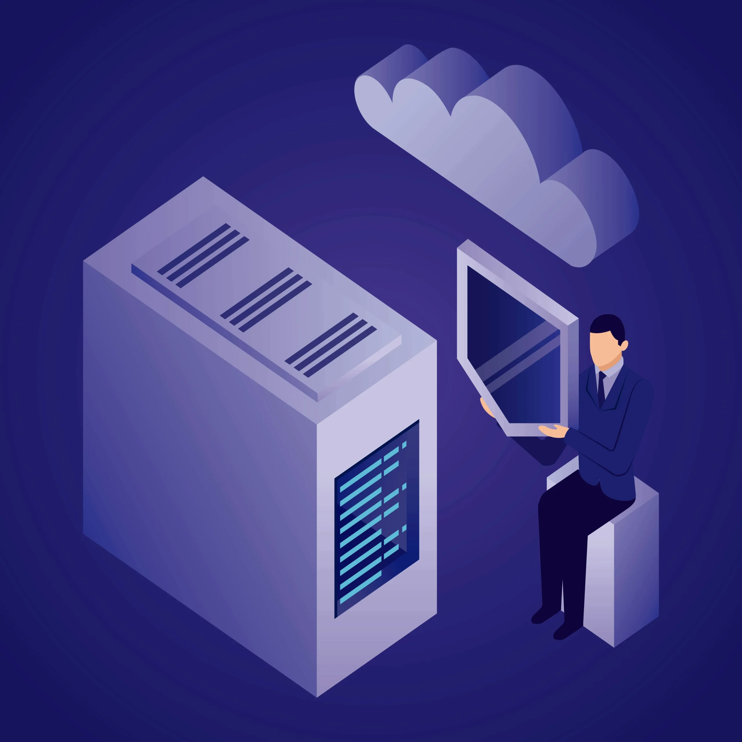 A man sit in windows vps with background color purple