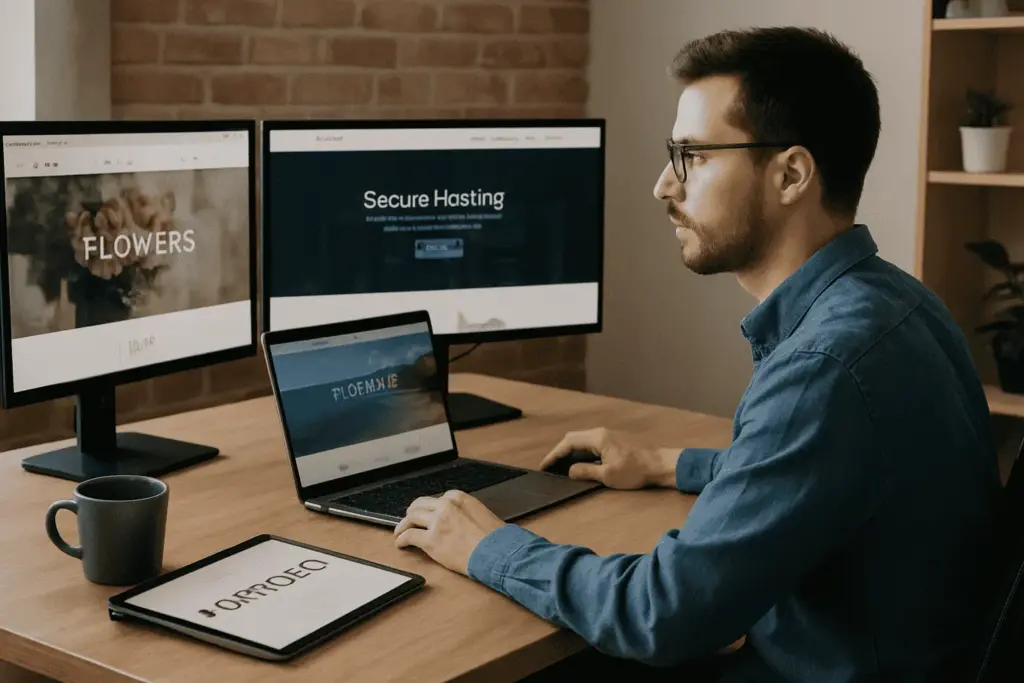 What Is Multiple Domain Hosting? Simple Explanation 2 a man with blue shirt accessing multiple domain hosting in two monitor and one laptop